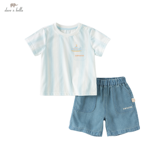 Dave&Bella Boys Summer Fresh Thin Blue White Striped T-Shirt Short Jeans Set