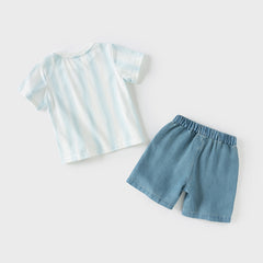 Dave&Bella Boys Summer Fresh Thin Blue White Striped T-Shirt Short Jeans Set