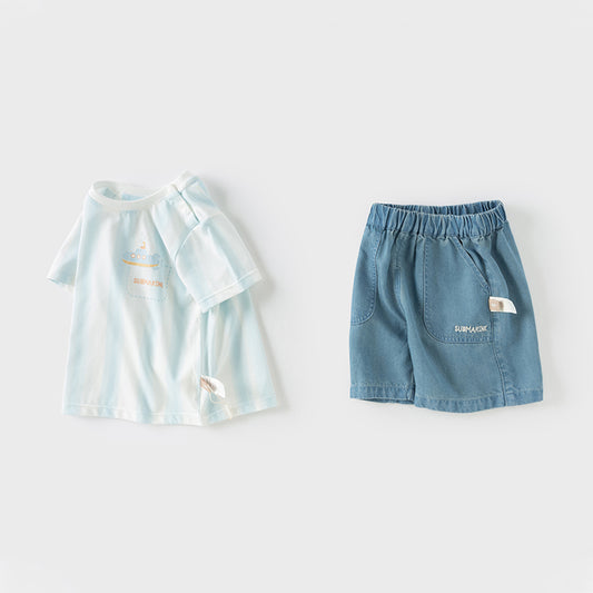 Dave&Bella Boys Summer Fresh Thin Blue White Striped T-Shirt Short Jeans Set