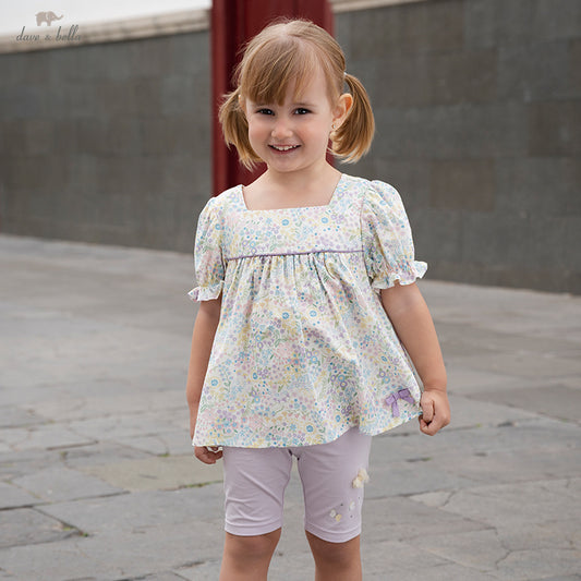 Dave&Bella Girls Summer Floral Bubble Sleeve Fashion Short Sleeve T-shirt Top