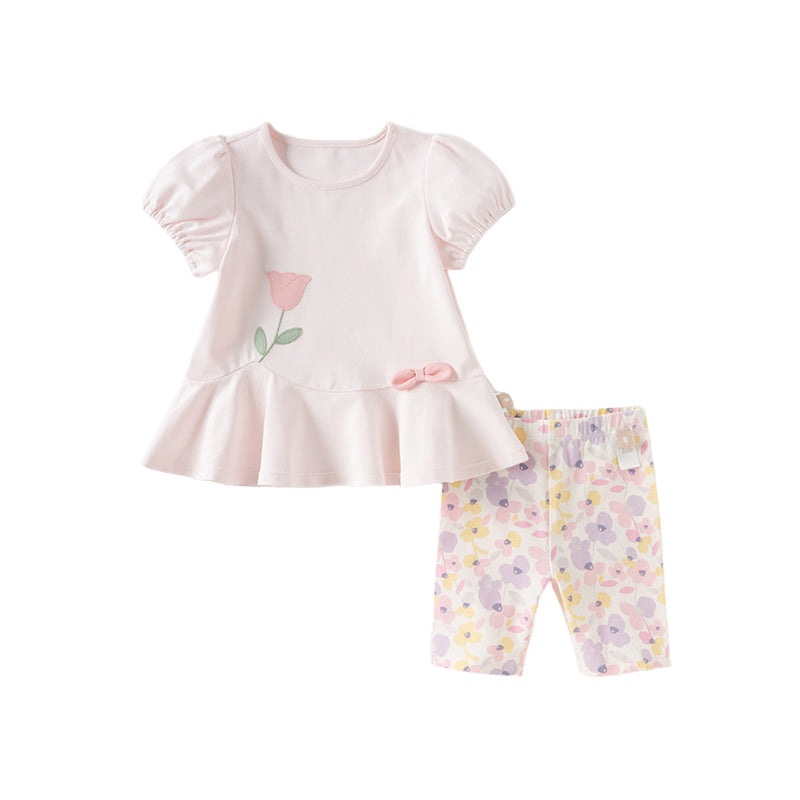 Dave&Bella Toddler Girls Summer Sweet Pink Cotton T-shirt Short Outfit Sets