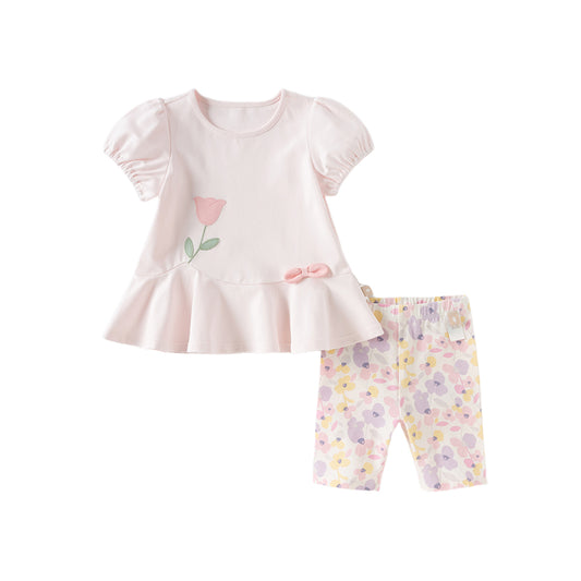 Dave&Bella Toddler Girls Summer Sweet Pink Cotton T-shirt Short Outfit Sets
