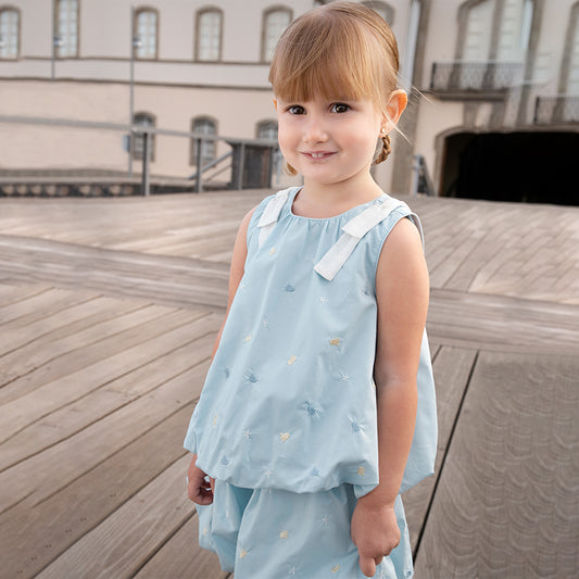 Dave&Bella Girls Summer Thin Cotton Blue Pod T-Shirt Short Pant Set