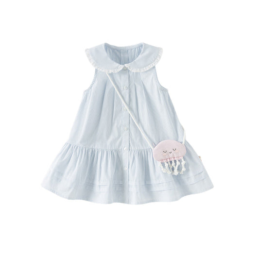 Dave&Bella Girls Summer Cotton Blue White Striped Cute Sleeveless Dress (wallet bag)