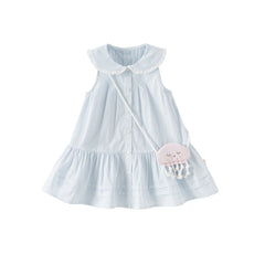 Dave&Bella Girls Summer Cotton Blue White Striped Cute Sleeveless Dress (wallet bag)
