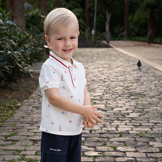 Dave&Bella Boys Summer Cotton White Print Polo T-shirt Tops