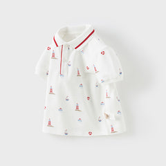Dave&Bella Boys Summer Cotton White Print Polo T-shirt Tops