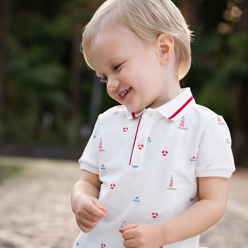Dave&Bella Toddler Boys Summer Cotton White Print Polos