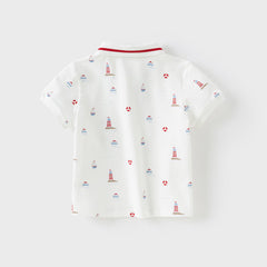 Dave&Bella Boys Summer Cotton White Print Polo T-shirt Tops