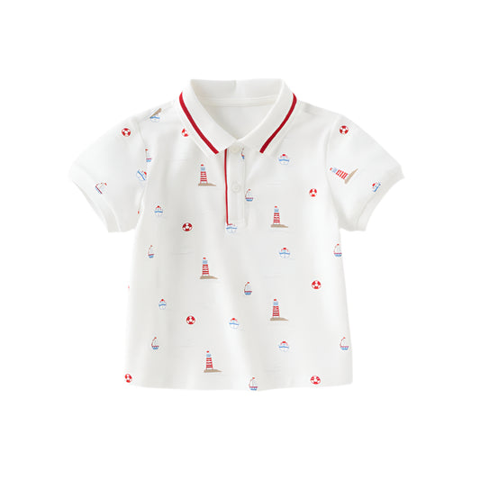 Dave&Bella Boys Summer Cotton White Print Polo T-shirt Tops