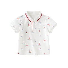 Dave&Bella Boys Summer Cotton White Print Polo T-shirt Tops