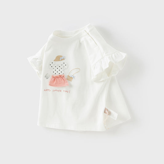 Dave&Bella Toddler Girls Summer Cute White/Blue White-striped Cotton Soft T-shirt Tops