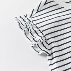 Dave&Bella Toddler Girls Summer Cute White/Blue White-striped Cotton Soft T-shirt Tops