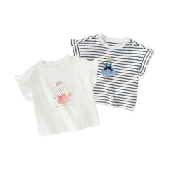 Dave&Bella Toddler Girls Summer Cute White/Blue White-striped Cotton Soft T-shirt Tops