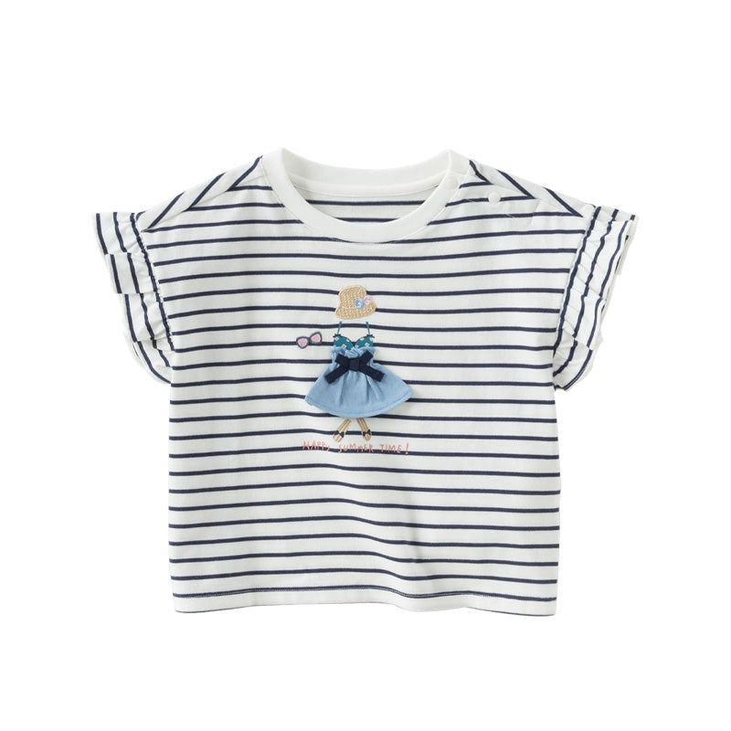 Dave&Bella Toddler Girls Summer Cute White/Blue White-striped Cotton Soft T-shirt Tops