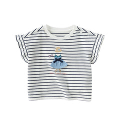 Dave&Bella Toddler Girls Summer Cute White/Blue White-striped Cotton Soft T-shirt Tops