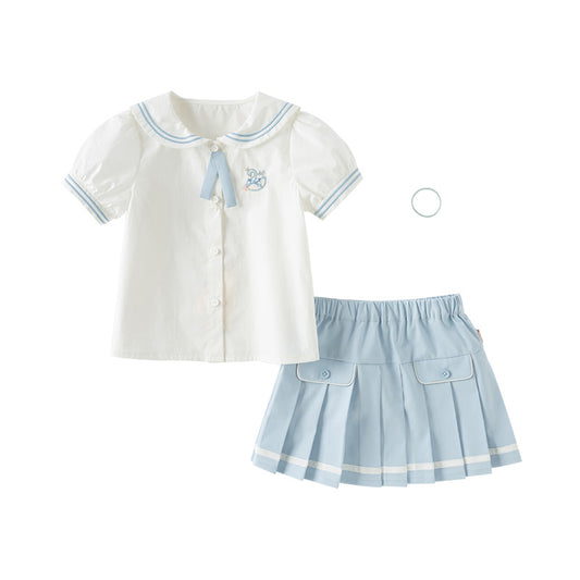 Dave&Bella Girls Summer College Style White T-shirt Pleated Skirt Set