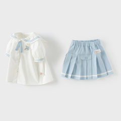 Dave&Bella Girls Summer College Style White T-shirt Pleated Skirt Set