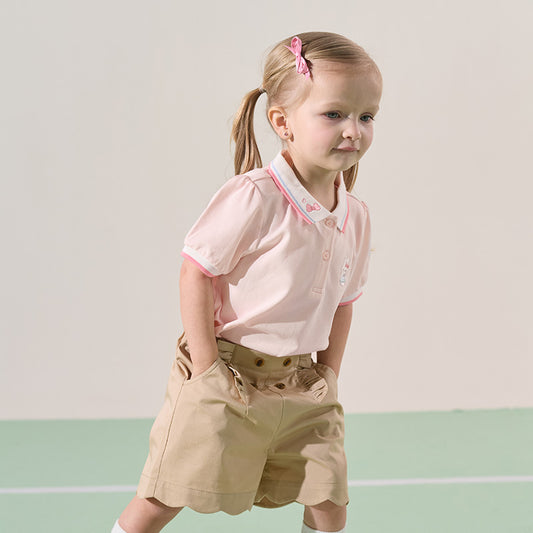 Dave&Bella Kids Girls Summer Pink/White Rabbit Embroidery College-style Daily Polos
