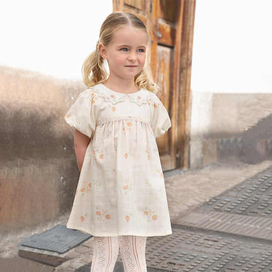 Dave&Bella Girls Summer Cotton Beige Floral Print Sweet A-line Dress