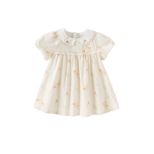 Dave&Bella Girls Summer Cotton Beige Floral Print Sweet A-line Dress