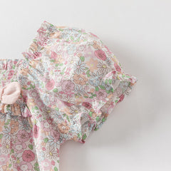 Dave&Bella Girs Summer Cute Floral Cotton T-shirt Beige Short Pant Set