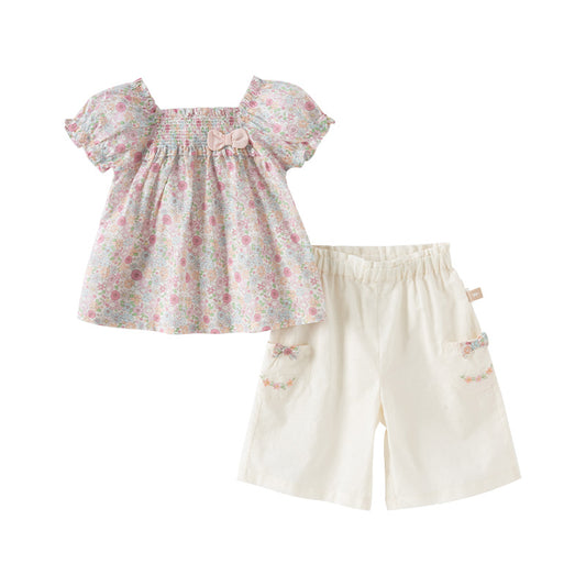 Dave&Bella Girs Summer Cute Floral Cotton T-shirt Beige Short Pant Set