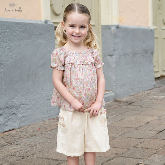 Dave&Bella Girs Summer Cute Floral Cotton T-shirt Beige Short Pant Set