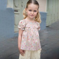 Dave&Bella Girs Summer Cute Floral Cotton T-shirt Beige Short Pant Set