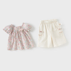 Dave&Bella Girs Summer Cute Floral Cotton T-shirt Beige Short Pant Set