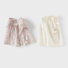 Dave&Bella Girs Summer Cute Floral Cotton T-shirt Beige Short Pant Set