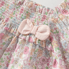 Dave&Bella Girs Summer Cute Floral Cotton T-shirt Beige Short Pant Set
