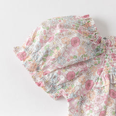 Dave&Bella Girs Summer Cute Floral Cotton T-shirt Beige Short Pant Set