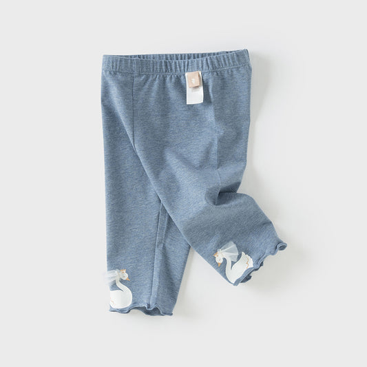 Dave&Bella Toddler Girls Summer Denim Blue/Grey Swan Print Slim Leggings