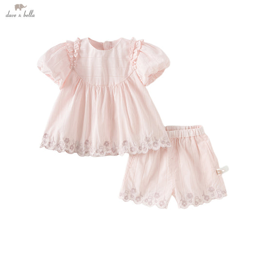 Dave&Bella Girls Summer Cotton Candy Pink Lace T-shirt Short Set