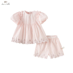 Dave&Bella Girls Summer Cotton Candy Pink Lace T-shirt Short Set