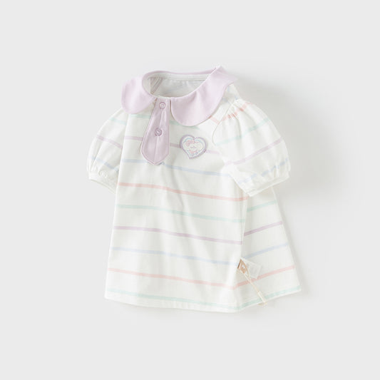 Dave&Bella Girls Summer Cotton Striped Doll Collar T-shirt Top