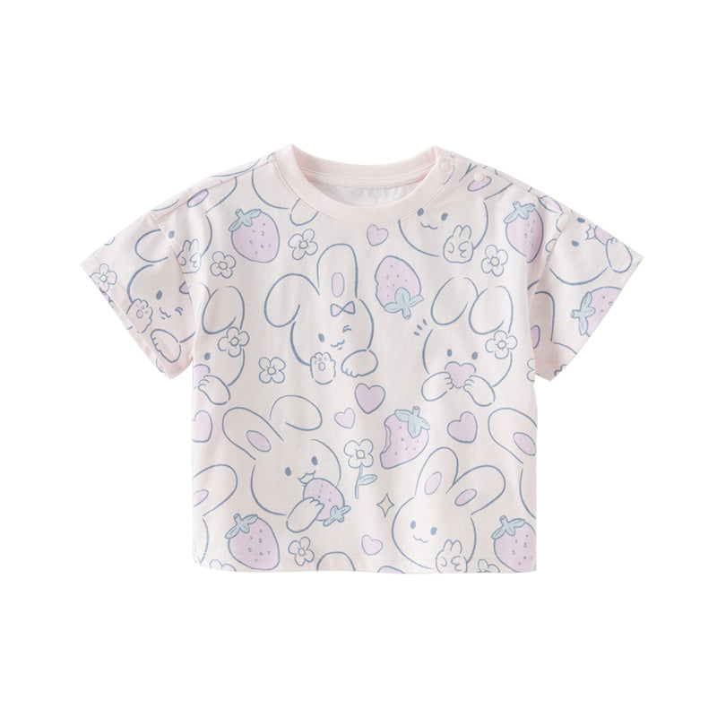 Dave&Bella Toddler Girls Summer White/Pink Rabbit Print Soft Cotton T-shirt Tops