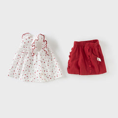 Dave&Bella Girls Summer Floral Print Sleeveless T-shirt Red Short Sets