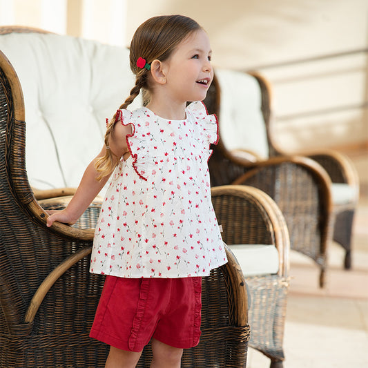 Dave&Bella Girls Summer Floral Print Sleeveless T-shirt Red Short Sets
