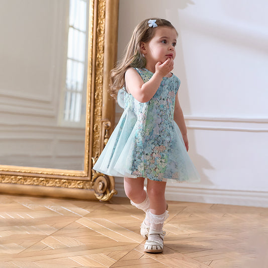 Dave&Bella Girls Summer Classical Green Printed Mesh Elegant Princess Dresses