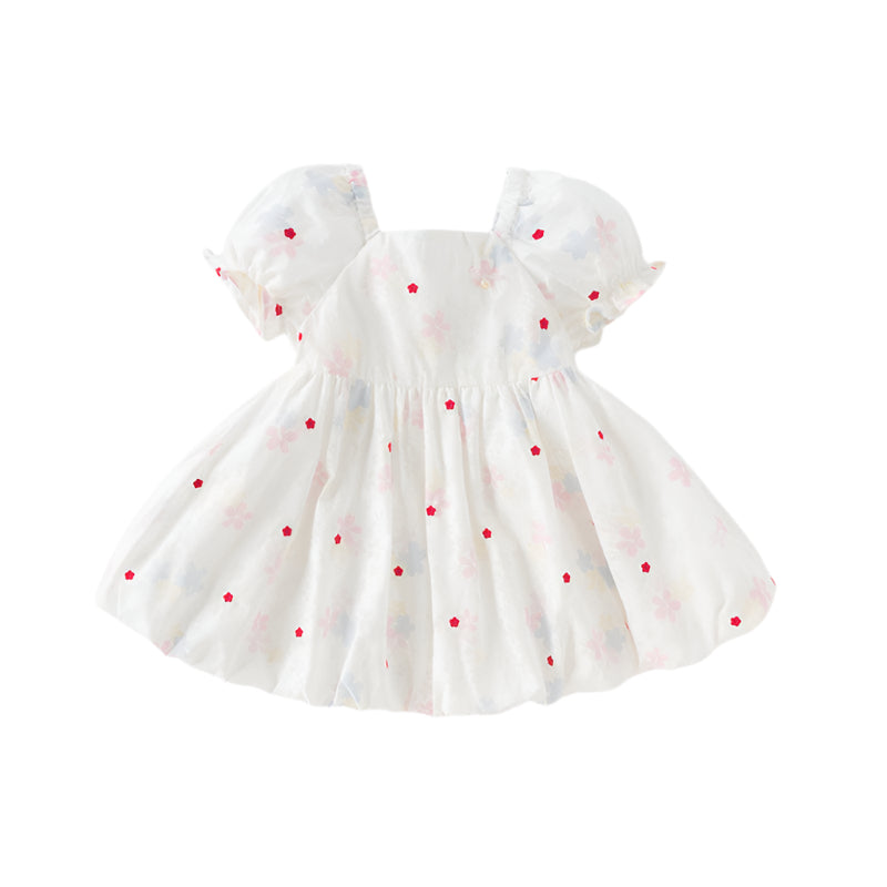 Dave&Bella Girls Summer Printed Bubble Sleeve Floral Pod Skirt Dress