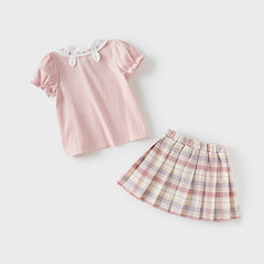 Dave&Bella Girls Summer Pink Shirt Half-Skirt Suit Set
