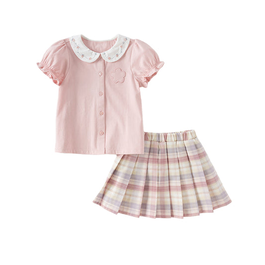 Dave&Bella Girls Summer Pink Shirt Half-Skirt Suit Set