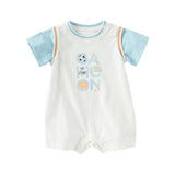 Dave&Bella Baby Boys Summer Blue Cartoon Print Lightweight Cotton Rompers