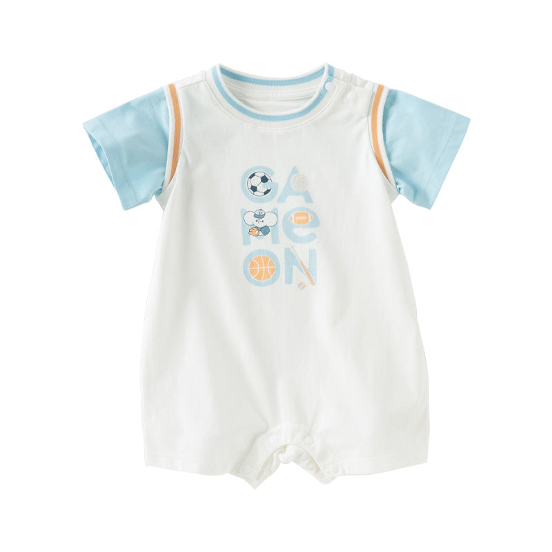 Dave&Bella Baby Boys Summer Blue Cartoon Print Lightweight Cotton Rompers