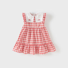 Dave&Bella Girls Summer Cotton Red White Plaid Turnover Collar Dress