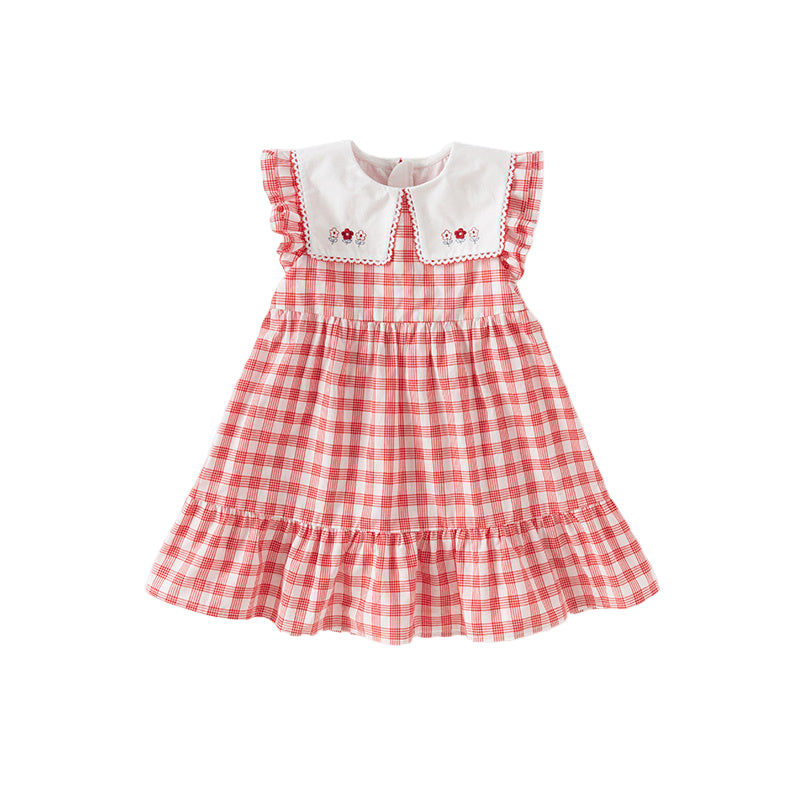 Dave&Bella Girls Summer Cotton Red White Plaid Turnover Collar Dress