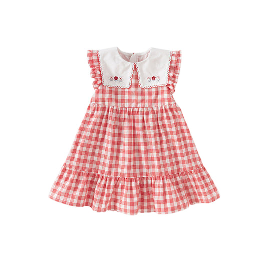Dave&Bella Girls Summer Cotton Red White Plaid Turnover Collar Dress