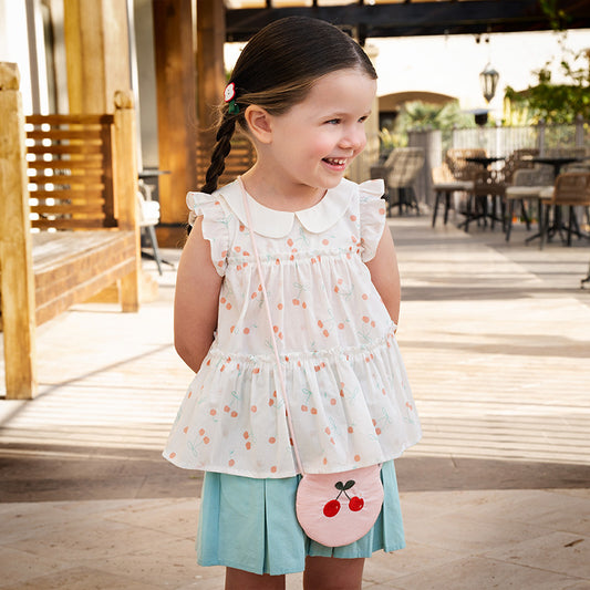 Dave&Bella Toddler Girls Summer Cotton Cherry Print T-shirt Short Pant Set(wallet bag)